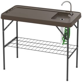 Folding Fish Cleaning Table with Sink, Portable Camping Table with Faucet, Drainage Hose, Sprayer and Shelf, Tan